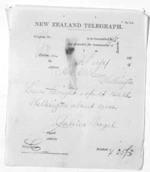 1 page written 10 Feb 1874 by Sir Julius Vogel in Nelson Region to Sir Donald McLean in Wellington City, from Native Minister and Minister of Colonial Defence - Inward telegrams
