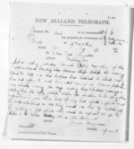 1 page written 19 Mar 1872 by James Bourne Ferguson in Taupo to Sir Donald McLean in Wellington, from Native Minister and Minister of Colonial Defence - Inward telegrams