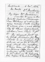 2 pages written 6 Nov 1872 by Sir William Martin in Auckland Region to Sir Donald McLean, from Inward letters - Sir William Martin