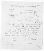 1 page written 21 Jan 1874 by J T Edwards in Otaki to Sir Donald McLean in Wellington, from Native Minister and Minister of Colonial Defence - Inward telegrams