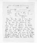2 pages written 21 Mar 1872 by an unknown author in Napier City to Sir Donald McLean, from Native Minister and Minister of Colonial Defence - Inward telegrams