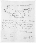 1 page written 5 Mar 1874 by John Davies Ormond in Napier City to Sir Donald McLean in Wellington, from Native Minister and Minister of Colonial Defence - Inward telegrams