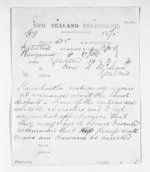 2 pages written 19 Mar 1872 by Richard Watson Woon in Wanganui to Sir Donald McLean in Lyttelton, from Native Minister and Minister of Colonial Defence - Inward telegrams