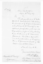 1 page written 6 May 1857 by Henry Stokes Tiffen in Napier City to Alexander McLean, from Hawke's Bay.  McLean and J D Ormond, Superintendents - Public Works.  Lands and Survey Office.  Crown Lands Office