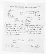 1 page written 1 Feb 1874 by William Kentish McLean in Napier City to Sir Donald McLean in Wellington, from Native Minister and Minister of Colonial Defence - Inward telegrams