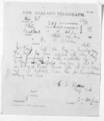 1 page written 14 Jan 1874 by an unknown author in Auckland City to Sir Donald McLean in Otaki, from Native Minister and Minister of Colonial Defence - Inward telegrams