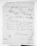 1 page written 23 Mar 1872 by William Reeves to William Gisborne in Wellington, from Native Minister and Minister of Colonial Defence - Inward telegrams