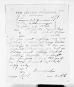 1 page written 22 Aug 1871 by John Davies Ormond in Napier City to Sir Donald McLean in Wellington, from Native Minister and Minister of Colonial Defence - Inward telegrams