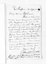 1 page written 18 Apr 1867 by John Gibson Kinross in Napier City to Sir Donald McLean, from Inward letters -  John G Kinross