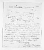 1 page written 19 Mar 1872 by Colonel William Moule to Sir Donald McLean in Lyttelton, from Native Minister and Minister of Colonial Defence - Inward telegrams