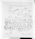 1 page written 11 Mar 1872 by Sir William Fox in Marton to Sir Donald McLean in Wellington, from Native Minister and Minister of Colonial Defence - Inward telegrams