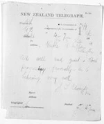 1 page written 2 Feb 1874 by J T Edwards in Otaki to Sir Donald McLean in Wellington, from Native Minister and Minister of Colonial Defence - Inward telegrams