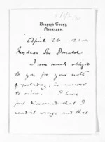 4 pages written 26 Apr 1876 by Bishop William Garden Cowie in Auckland Region to Sir Donald McLean, from Inward letters - Surnames, Cor - Cox