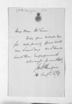 1 page written 14 Aug 1874 by James Alexander Robertson Menzies to Sir Donald McLean, from Inward letters - Surnames, Mau - Mer
