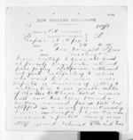 3 pages written 24 Oct 1870 by John Davies Ormond in Napier City to Sir Donald McLean in Wellington, from Native Minister and Minister of Colonial Defence - Inward telegrams