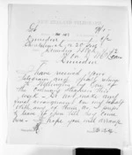 2 pages written 11 Mar 1872 by Sir George Ferguson Bowen in Christchurch City to Sir Donald McLean in Dunedin City, from Native Minister and Minister of Colonial Defence - Inward telegrams