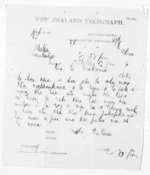 1 page written 13 Jan 1874 by an unknown author in Cambridge to Sir Donald McLean in Otaki, from Native Minister and Minister of Colonial Defence - Inward telegrams