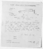 1 page written 12 Jan 1874 by an unknown author in Auckland City to Sir Donald McLean in Otaki, from Native Minister and Minister of Colonial Defence - Inward telegrams