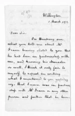 3 pages written 1 Mar 1872 by Captain John L M Carey in Wellington, from Inward letters - Surnames, Cam - Car
