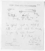 1 page written 14 Jan 1874 by an unknown author in Wellington City to Sir Donald McLean in Otaki, from Native Minister and Minister of Colonial Defence - Inward telegrams