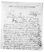 2 pages written by Dr Daniel Pollen in Wellington to Sir Donald McLean in Auckland City, from Native Minister and Minister of Colonial Defence - Inward telegrams
