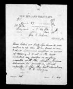 1 page written 20 Dec 1872 by G Worgan in Wanganui to Sir Donald McLean in Wellington, from Native Minister - Inward telegrams