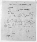 1 page written 12 Jan 1874 by Henry Tacy Clarke to Sir Donald McLean in Otaki, from Native Minister and Minister of Colonial Defence - Inward telegrams
