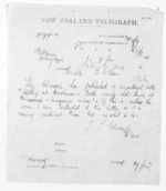 1 page written 12 Jan 1874 by J T Edwards in Wanganui to Sir Donald McLean in Otaki, from Native Minister and Minister of Colonial Defence - Inward telegrams