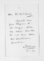 1 page written 2 Jan 1872 by Thomas William Lewis to Sir Donald McLean, from Inward letters -  T W Lewis