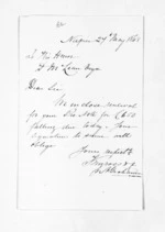 1 page written 27 May 1868 by John Gibson Kinross in Napier City to Sir Donald McLean, from Inward letters -  John G Kinross