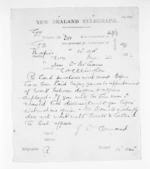1 page written 23 Mar 1872 by John Davies Ormond in Napier City to Sir Donald McLean in Wellington, from Native Minister and Minister of Colonial Defence - Inward telegrams