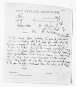 3 pages written 5 Feb 1874 by William Gilbert Mair in Alexandra to Sir Donald McLean in Wellington, from Native Minister and Minister of Colonial Defence - Inward telegrams