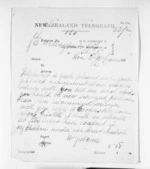 1 page written   1872 by William Gisborne in Wellington City to Sir Donald McLean, from Native Minister and Minister of Colonial Defence - Inward telegrams