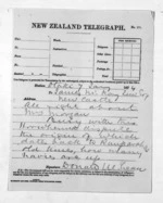 1 page written 7 Jan 1874 by Sir Donald McLean in Otaki to James Mackay, from Native Minister and Minister of Colonial Defence - Outward telegrams