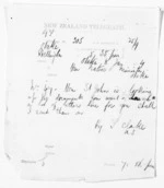1 page written 8 Jan 1874 by Henry Tacy Clarke in Wellington City to Sir Donald McLean in Otaki, from Native Minister and Minister of Colonial Defence - Inward telegrams