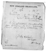 1 page written 6 Jan 1874 by John Mackintosh Roberts in Tauranga to Sir Donald McLean in Auckland City, from Native Minister and Minister of Colonial Defence - Inward telegrams