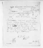 1 page written 5 Mar 1872 by Henry Tacy Kemp in Wanganui to Sir Donald McLean, from Native Minister and Minister of Colonial Defence - Inward telegrams