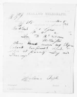1 page written 18 Feb 1874 by Sir Julius Vogel in Auckland City to Sir Donald McLean in Wellington, from Native Minister and Minister of Colonial Defence - Inward telegrams