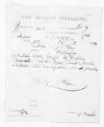 1 page written 16 Feb 1874 by William Kentish McLean in Napier City to Sir Donald McLean in Wellington City, from Native Minister and Minister of Colonial Defence - Inward telegrams