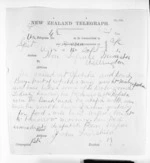 1 page written 16 Sep 1871 by Captain John Fairchild to Sir Donald McLean in Wellington, from Native Minister and Minister of Colonial Defence - Inward telegrams