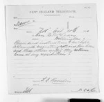 1 page written 15 Oct 1870 by Francis Edwards Hamlin to Sir Donald McLean in Wellington, from Native Minister and Minister of Colonial Defence - Inward telegrams