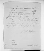 1 page written 9 Mar 1872 by George Sisson Cooper to Sir Donald McLean, from Native Minister and Minister of Colonial Defence - Inward telegrams