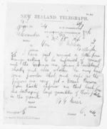 1 page written 18 Feb 1874 by William Gilbert Mair in Alexandra to Sir Donald McLean in Wellington City, from Native Minister and Minister of Colonial Defence - Inward telegrams