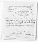1 page written 20 Mar 1874 by John Davies Ormond in Napier City to Sir Donald McLean in Wellington, from Native Minister and Minister of Colonial Defence - Inward telegrams
