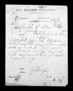 1 page written by George Sisson Cooper in Wellington to Sir Donald McLean in Napier City, from Native Minister - Inward telegrams