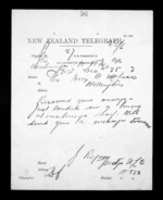 1 page written 25 Dec 1872 by John Rogan to Sir Donald McLean in Wellington, from Native Minister - Inward telegrams