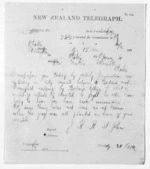 1 page written 10 Jan 1874 by an unknown author in Wellington City to Sir Donald McLean in Otaki, from Native Minister and Minister of Colonial Defence - Inward telegrams