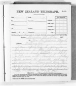 2 pages written 29 May 1876 by Sir Donald McLean in Alexandra to Sir Julius Vogel in Wellington, from Native Minister and Minister of Colonial Defence - Outward telegrams