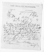 1 page written 2 Jan 1874 by Dr Daniel Pollen in Auckland City to Sir Donald McLean in Wellington City, from Native Minister and Minister of Colonial Defence - Inward telegrams