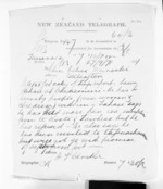 1 page written 27 Sep 1871 by Henry Tacy Clarke in Tauranga to Sir Donald McLean in Wellington, from Native Minister and Minister of Colonial Defence - Inward telegrams